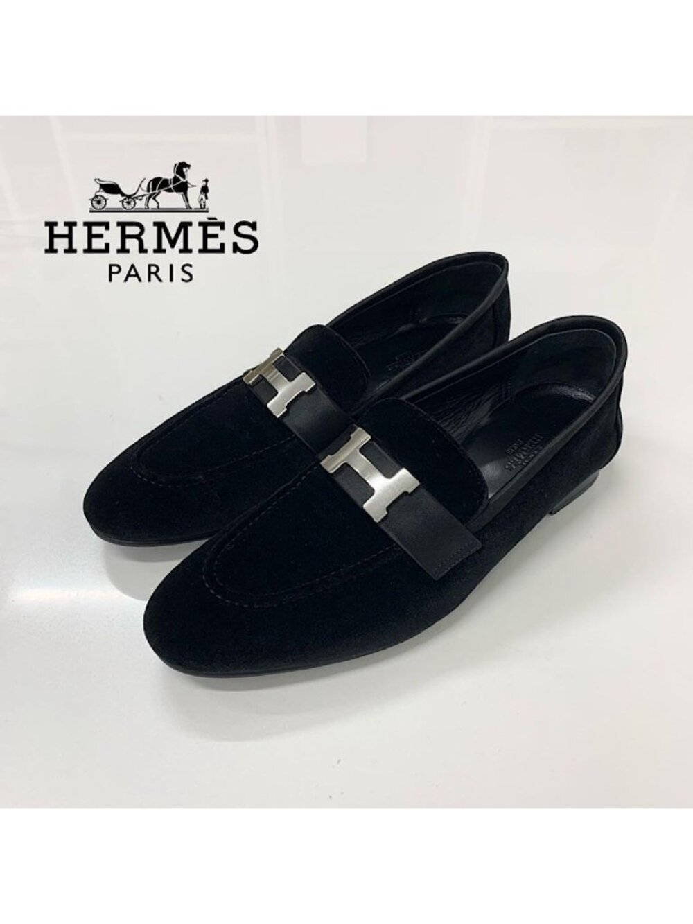 Hermes Paris H Velour Constance Loafers Black